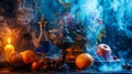 Exotic tea setting with hookah, smoke, and glowing light Royalty Free Stock Photo