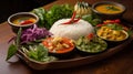 An exotic Thai curry spread, with jasmine rice and colourful garnishes