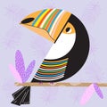 An exotic toucan bird, an illustration in a children`s style for decorating clothes, rooms, surfaces. Vector