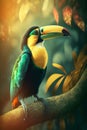 Exotic toucan bird in tropical forest, bright animal in jungle close-up, generative AI