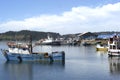 traditional wooden facade houses on stilts (palafitos) with fishermen boats in Castro, Isla de Chiloe, Patagonia, Chile