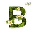 Exotic Tropical Alphabet letter B. Floral font letter with palm. Summer text typography creative design B