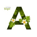 Exotic Tropical Alphabet letter A. Floral font letter with palm. Summer text typography creative design A