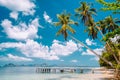 Exotic tropical beach with palm trees, jetty pier, blue sky and white clouds
