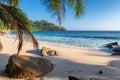 Exotic tropical beach with palms and blue sea at sunset Royalty Free Stock Photo