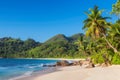 Exotic tropical beach with palms and blue sea at sunset Royalty Free Stock Photo