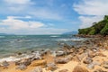 Exotic tropical beach under blue sky. Royalty Free Stock Photo