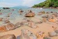 Exotic tropical beach under blue sky. Royalty Free Stock Photo