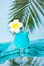 Exotic tropical Blue Curacao cocktail drink in a glass with Plumeria frangipani flower, palm leaf, fresh coconut on the background Royalty Free Stock Photo