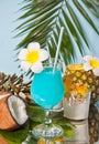 Exotic tropical Blue Curacao cocktail drink in a glass with Plumeria frangipani flower, palm leaf, fresh coconut and pineapple on Royalty Free Stock Photo