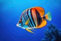 Exotic tropical coral reef redtail butterflyfish on natural blue background Royalty Free Stock Photo