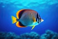 Exotic tropical coral reef redtail butterflyfish on natural blue background Royalty Free Stock Photo