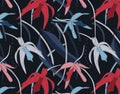 Exotic tropical flowers orchid pattern. Jungle floral background. Hawaiian dark print with botanical beach print. Beach