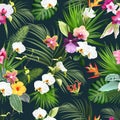 Exotic tropical flowers, orchid, strelitzia, hibiscus, canna, calla lily, palm, monstera leaves vector seamless pattern