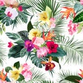 Exotic tropical flowers, orchid, strelitzia, hibiscus, protea, ylang-ylang, palm, monstera leaves Royalty Free Stock Photo