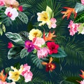 Exotic tropical flowers, orchid, strelitzia, hibiscus, protea, ylang-ylang, palm, monstera leaves vector seamless Royalty Free Stock Photo