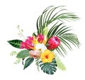 Exotic tropical flowers, orchid, strelitzia, yellow hibiscus, protea, palm, monstera, calathea leaves vector design Royalty Free Stock Photo