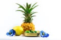 Exotic tropical fruit mix hawaii theme with flowers on white isolated background