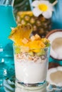 Exotic tropical fruit salad with muesli and yogurt in a glass with pineapple and coconut on the background