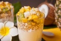 Exotic tropical fruit salad with muesli and yogurt in a glass with pineapple and coconut on the background