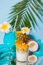 Exotic tropical fruit salad with muesli and yogurt in a glass with pineapple,coconut and blue cocktail on the background Royalty Free Stock Photo