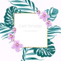 Card template tropical leaves purple lilac flowers