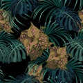 Exotic tropical jungle plants. Seamless vector tropical pattern with tropical pink plants and monstera leaves. Royalty Free Stock Photo