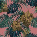 Exotic tropical jungle plants. Seamless vector tropical pattern with tropical pink plants and monstera leaves. Royalty Free Stock Photo