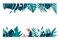 Exotic tropical jungle rainforest bright green navy turquoise palm tree and monstera leaves border frame template on