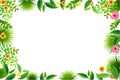 Exotic tropical leaf and frower border background in greeting te