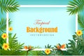 Exotic tropical leaf and frower border background in greeting te