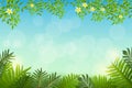 Exotic tropical leaf and frower border background in greeting te