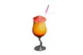 Exotic tropical look cocktail with umbrella beautiful serving with straw orange-red drink glass on white background isolated