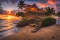 Exotic tropical paradise, beautiful beach cottage in the distance, glowing sunset by the sea Royalty Free Stock Photo