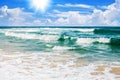 Exotic tropical paradise island beach, turquoise sea water, ocean waves, sand, sun, blue sky white clouds, beautiful tropic nature Royalty Free Stock Photo