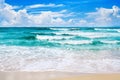 Exotic tropical paradise island beach, turquoise sea water, ocean waves, sand, sun, blue sky white clouds, beautiful tropic nature Royalty Free Stock Photo