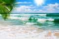 Exotic Tropical Paradise Island Sand Beach, Turquoise Sea Water Ocean Waves, Green Palm Tree Leaves, Sun, Blue Sky White Clouds