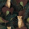 Exotic tropical pattern. Leopards in palm leaves. Royalty Free Stock Photo