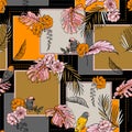 Exotic tropical plants and birds Silk scarf pattern mixed with  square shape ,flowers and leaves and hand drawn Royalty Free Stock Photo