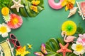 Exotic tropical summer background. Summer beach party concept. Pink flamingo, tropical leaves, orchid flowers and other