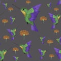 Exotic tropical summer print. Watercolor colibri and orange flower on grey background. Seamless pattern.