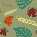 Exotic tropical verctor background with hawaiian plants. Seamless tropical pattern with summer lettering and palm leaves