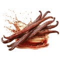 Exotic vanilla beans creating an aromatic splash, infusing rich flavor essence Royalty Free Stock Photo