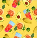 Exotic vector seamless pattern with mango, leaves, orange, glass of juice, lime, avocado on yellow background.