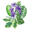 Exotic violet orchid flower, palm leaves drawn in watercolor. Botanical floral pattern trendy compositions tropical leaf