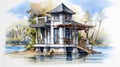 Exotic Watercolor Cottage Sketch With Bold Structural Designs
