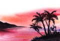 Exotic watercolor landscape. Black silhouettes of coast with palms and distant blurry island against crimson sunset sky reflected