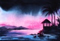 Exotic watercolor landscape of island with bungalow and palms surrounded by calm water with dark silhouettes of mountain layers on