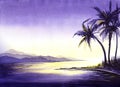 Exotic watercolor landscape of soft night at seashore. Sea bay with blurry mountains on one side and dark silhouettes of palms on