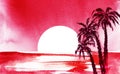 Exotic watercolor landscape on textured paper. Romantic view of fairy scarlet sky, dark silhouettes of high coconut palms and